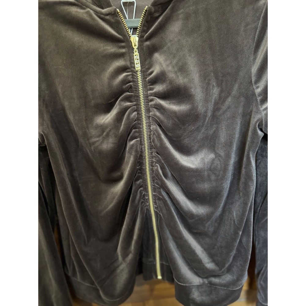 NWT Cable & Gauge Studio Brown Velour Ruched Zip Hoodie Rhinestone Accent Size M - Picture 2 of 8